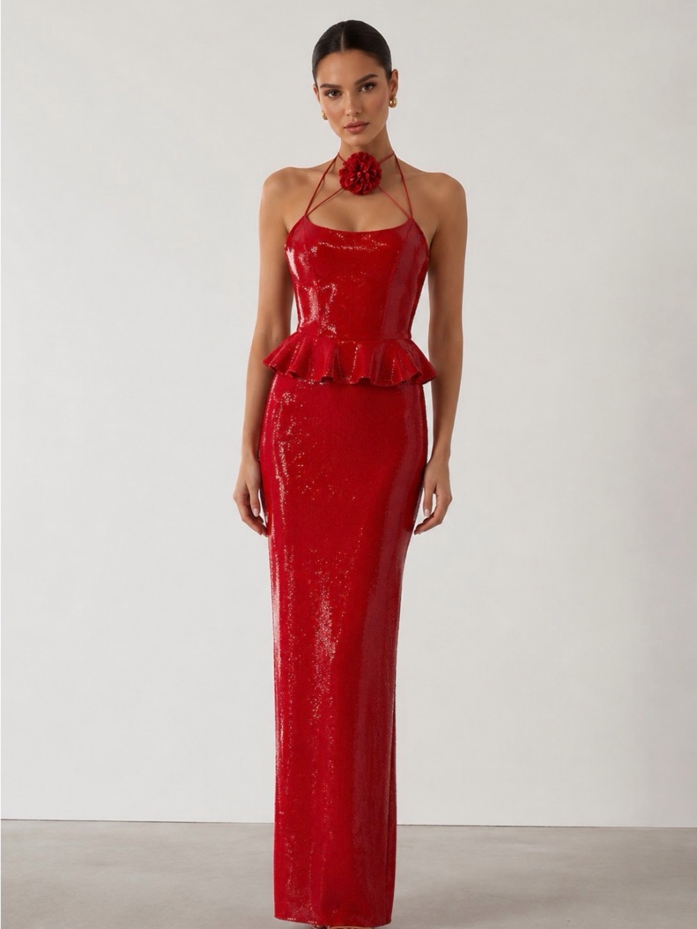 Rodarte Red Sequin Halter Peplum Maxi Gown with Floral Choker